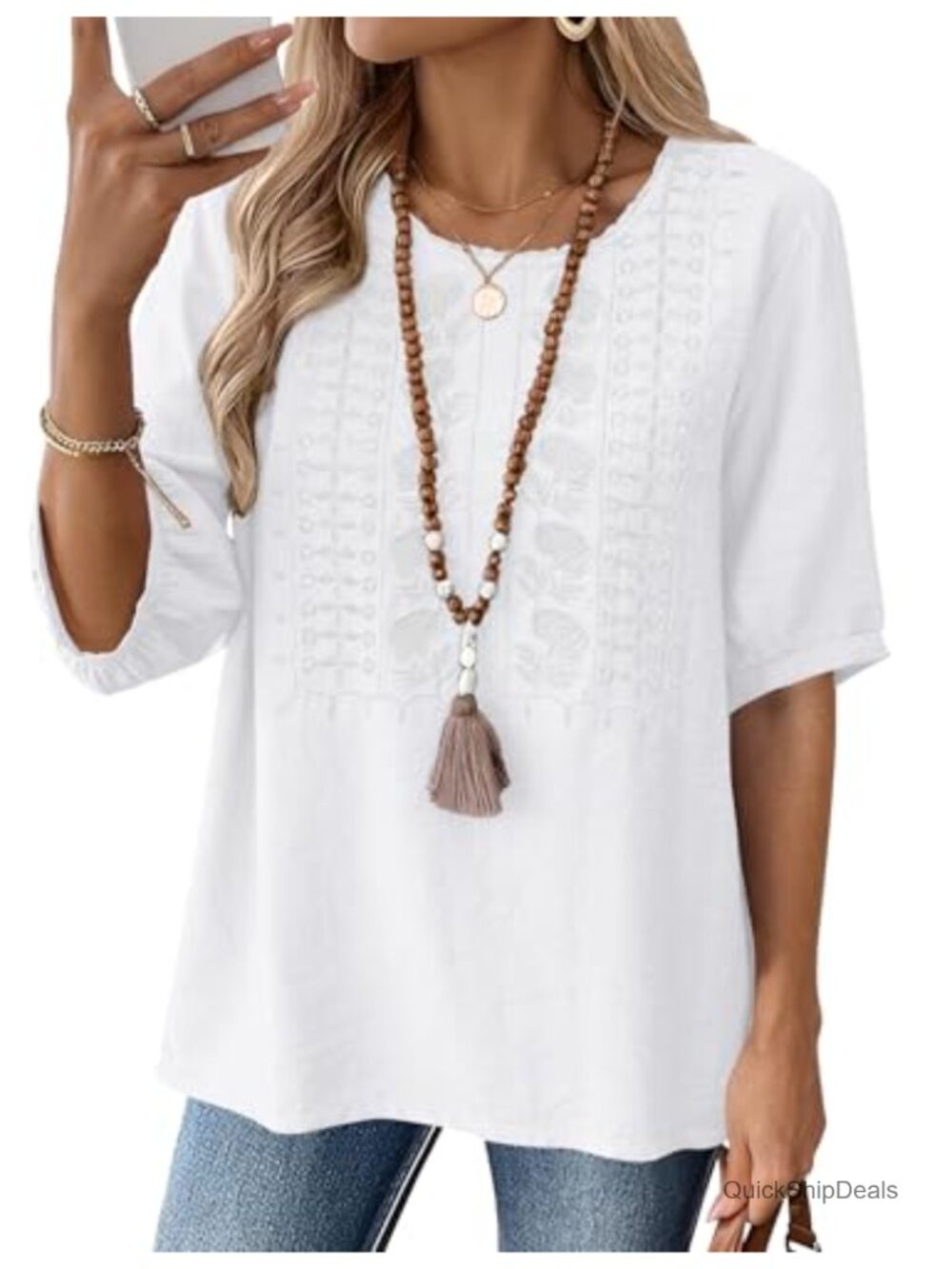 Embroidered Blouse Short Sleeve Lace Trim Crew Neck Casual Top
